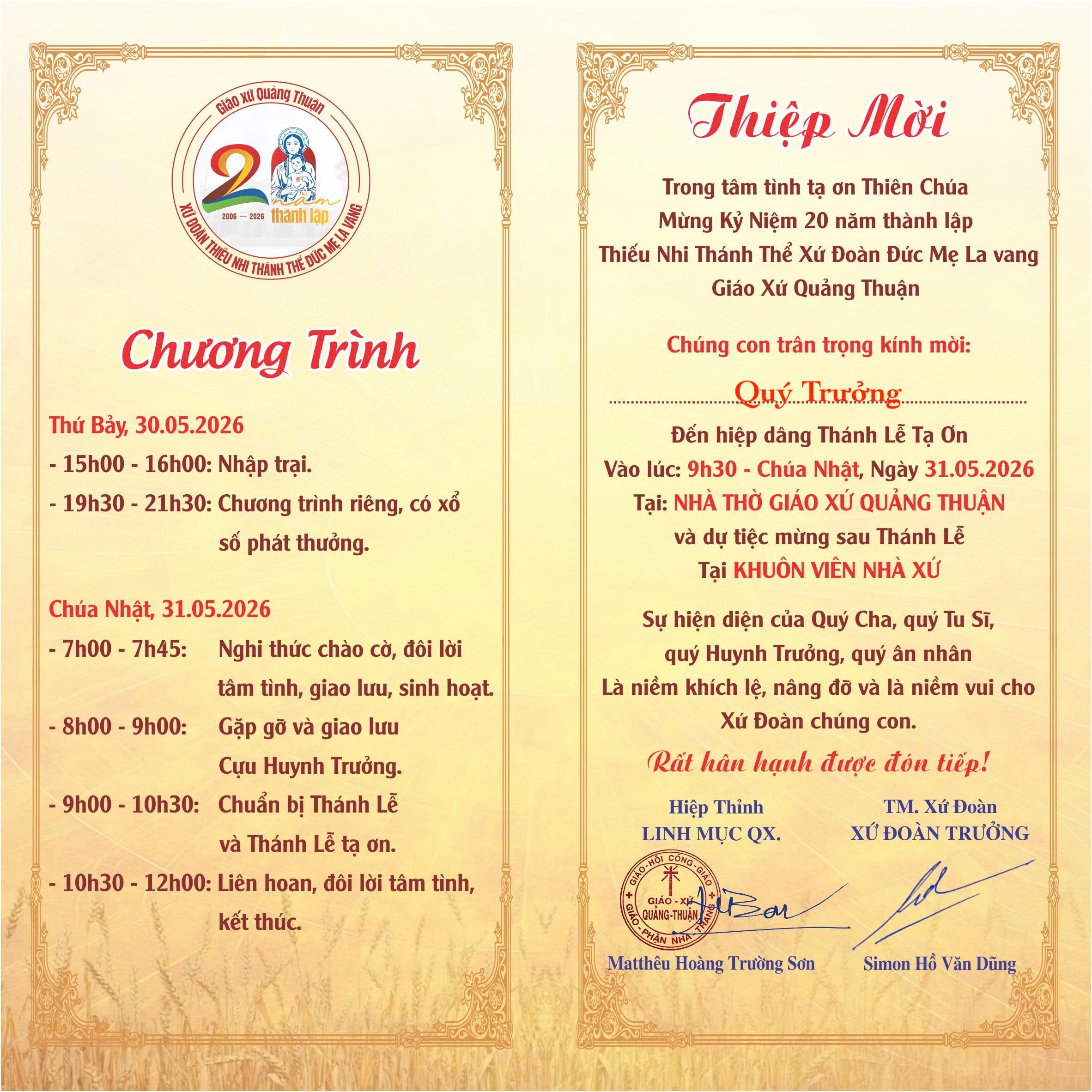 Thư mời chính thức tham dự kỷ niệm 20 năm Xứ Đoàn TNTT Đức Mẹ La Vang